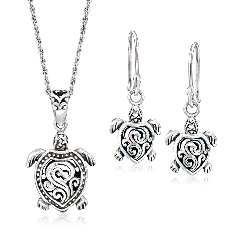 Sterling silver turtle pendant necklace and drop earrings with heart charm details