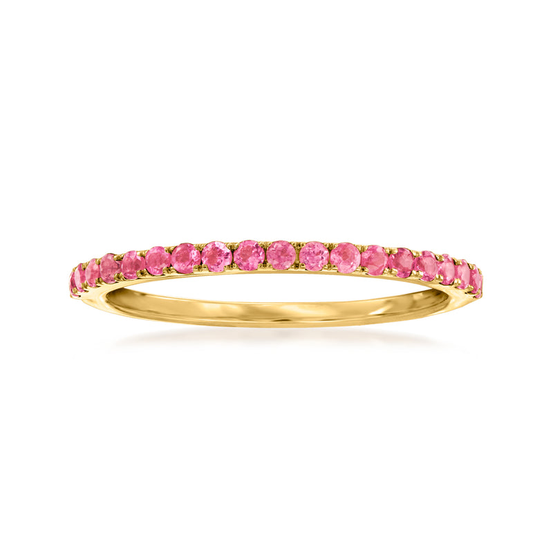 14kt yellow gold ring with pink tourmaline oval stones, channel-set band