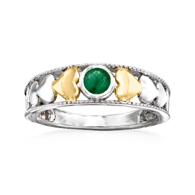 Sterling silver ring with emerald green heart center and 14kt yellow gold side accents