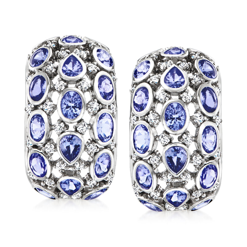 Sterling silver tanzanite and white zircon earrings with oval blue stones