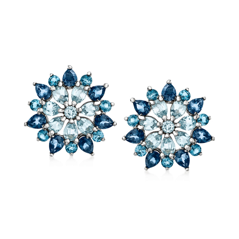 Sterling silver post earrings with blue and teal floral gemstone clusters