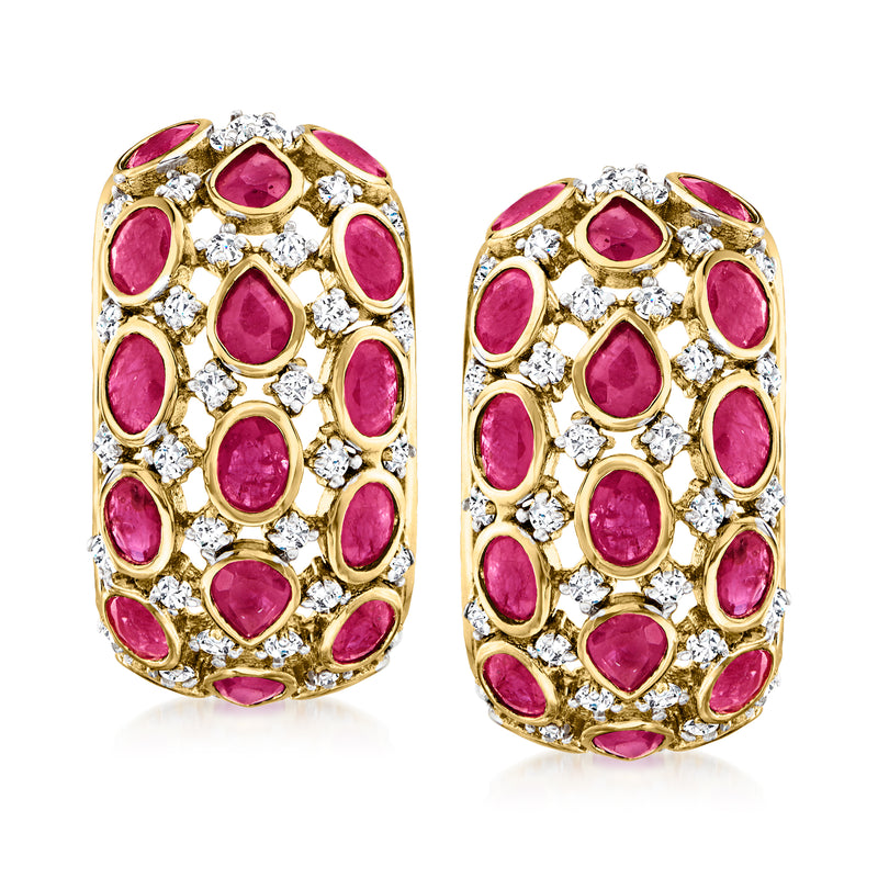 Oval cluster earrings with pink gemstones and small clear stones in gold-tone settings