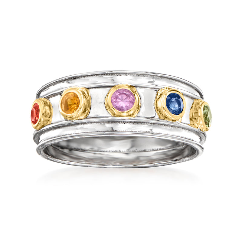 Sterling silver sapphire ring with yellow gold settings and multicolored gemstones