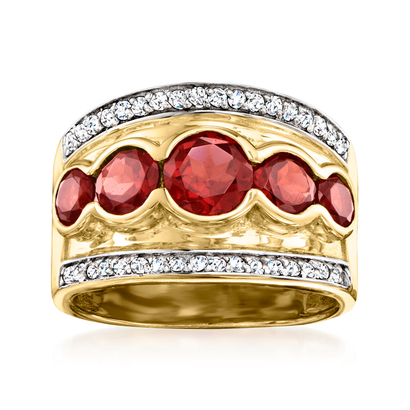 Gold over sterling ring with three red oval garnets and clear zircon halo