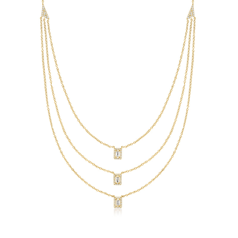 Three-strand 14kt yellow gold necklace with three small diamond-set pendant bars