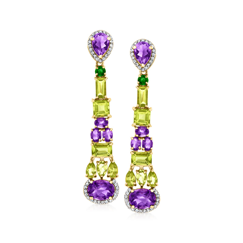 Gold drop earrings with purple teardrop and green square gemstones, halo details