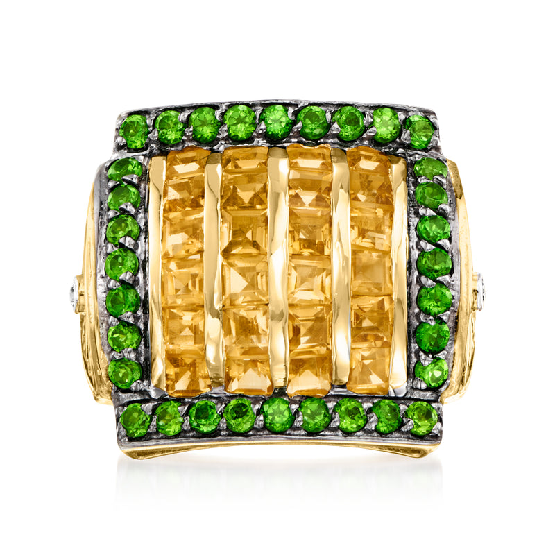 Gold ring with square citrine center stone and green chrome diopside halo with white accents