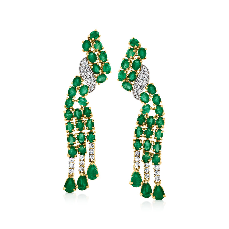 Gold drop earrings with emerald-green stones and white zircon accents, teardrop chandelier style