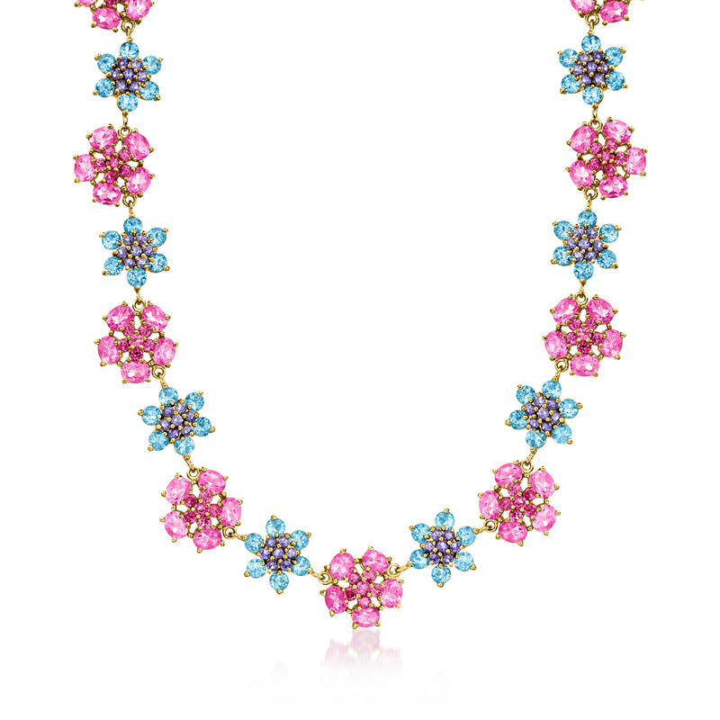 Gold over sterling flower necklace with pink and blue multi-gemstone links, 18kt finish