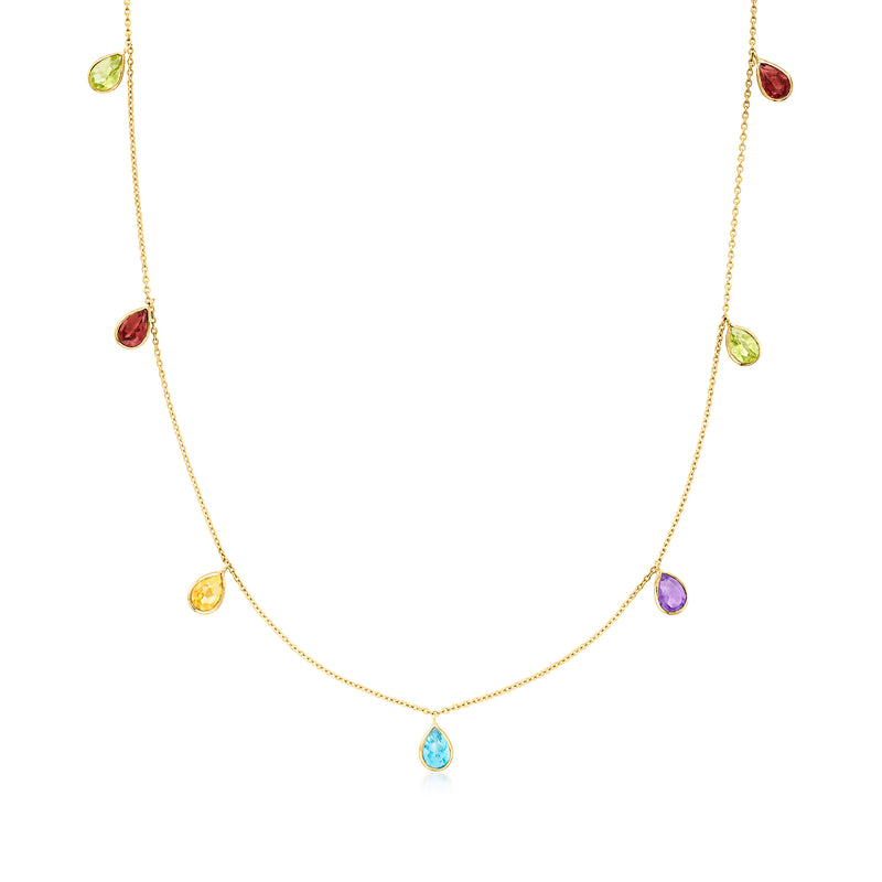 14kt yellow gold station necklace with small multi-color teardrop gemstones on chain