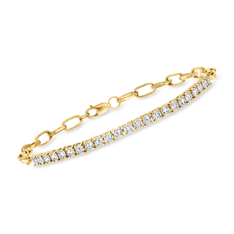 Gold over sterling diamond tennis paper-clip link bracelet with single row of round stones