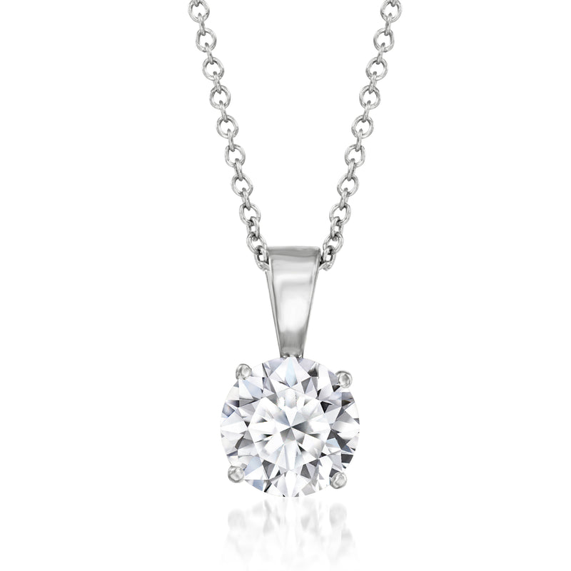 Round-cut diamond solitaire pendant necklace in 14kt white gold, box chain