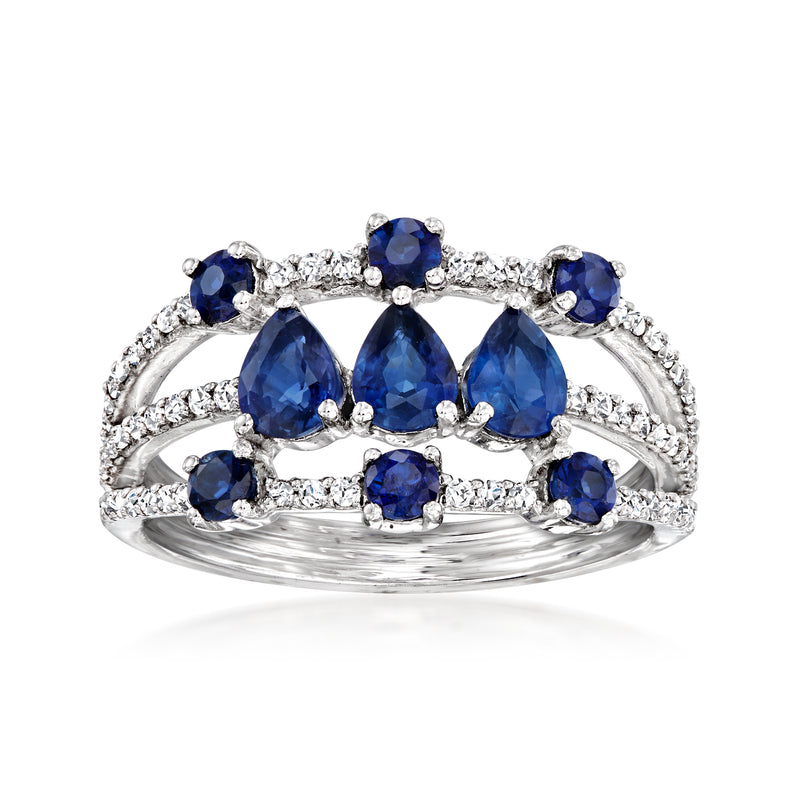 Three-row sapphire and diamond ring, oval blue stones in 14kt white gold