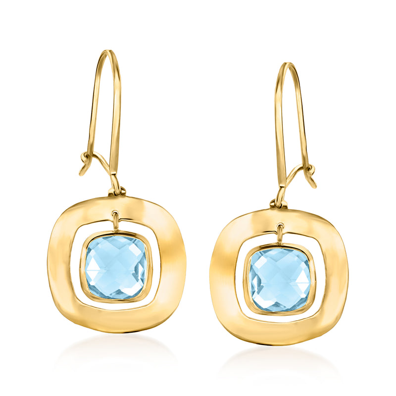 14kt yellow gold drop earrings with blue topaz in square bezel on round disc