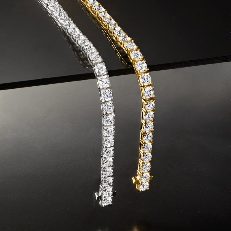 Diamond tennis bracelet close-up with white and gold-toned rows of round stones
