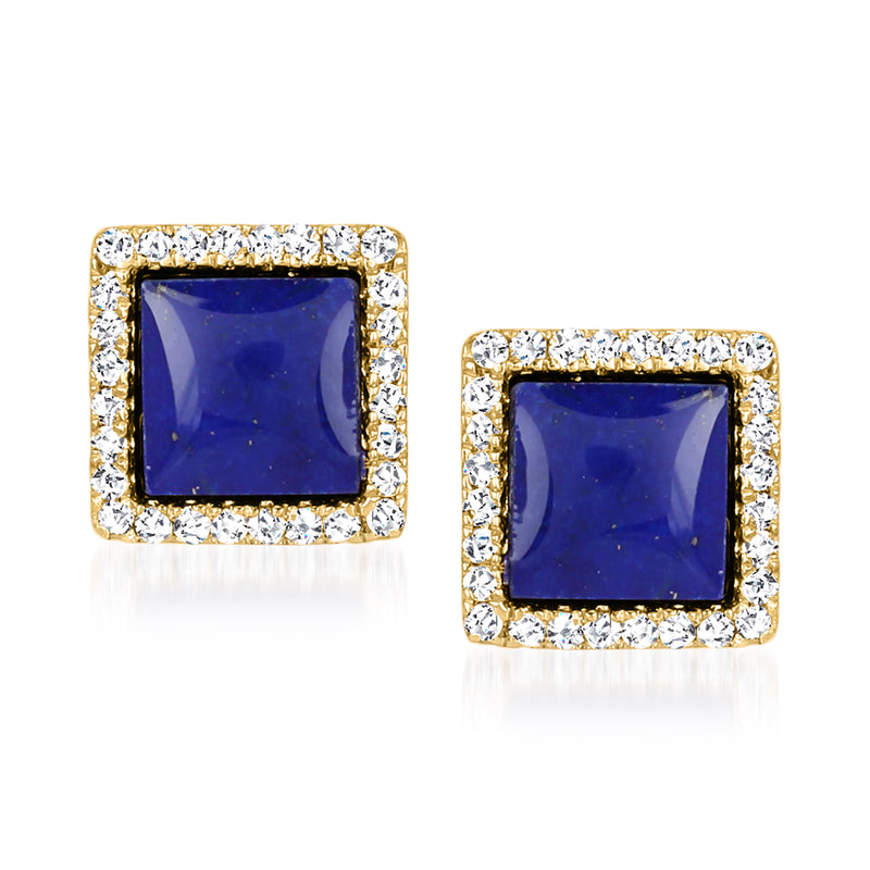 14kt yellow gold post earrings with square lapis center and diamond halo, bezel style