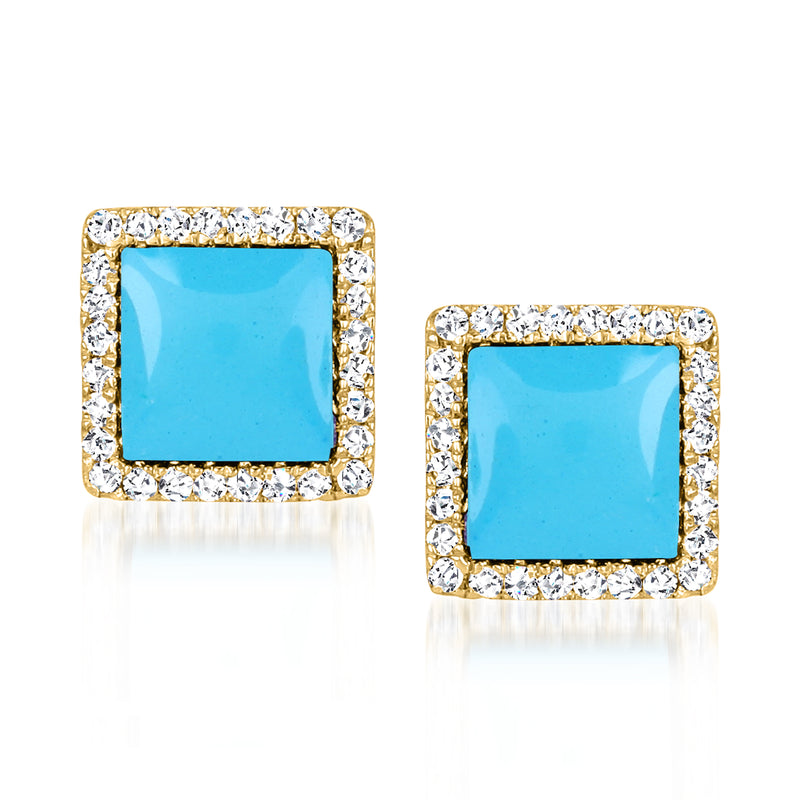 Turquoise square gemstone stud earrings with diamond halo in 14kt yellow gold, post backs