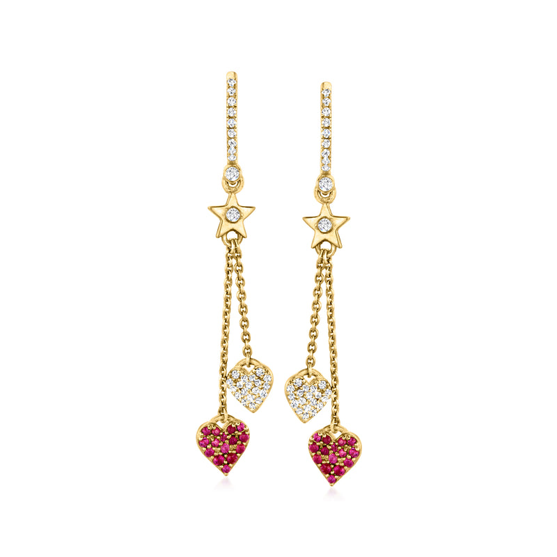14kt yellow gold drop earrings with star and two heart charms, pink ruby accents