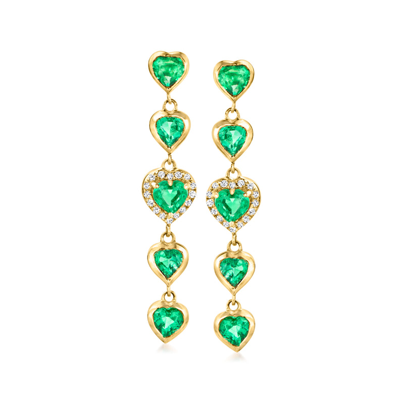 14kt yellow gold drop earrings with green heart-shaped emerald stones and diamond accents