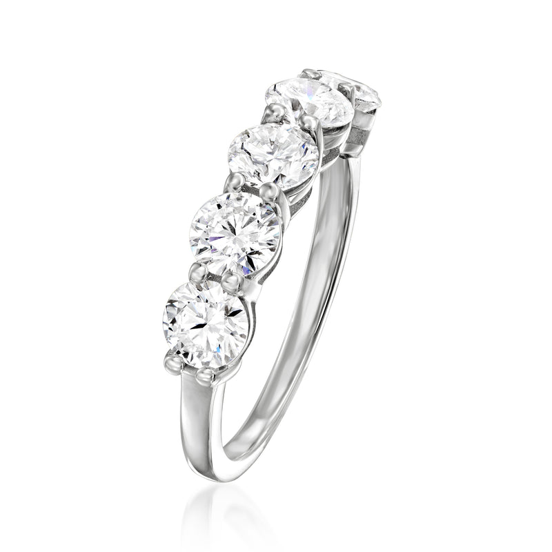 14kt white gold five-stone diamond ring shown from the side, round stones
