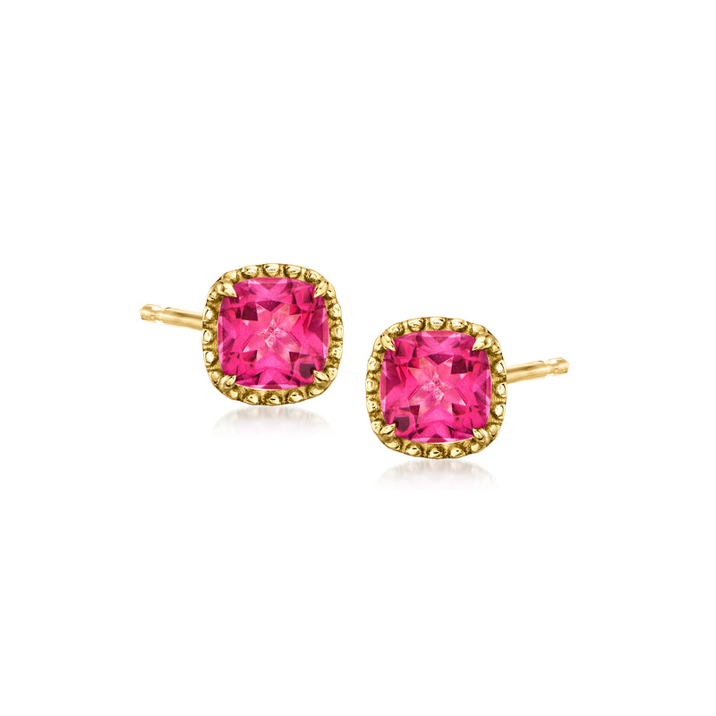 14kt yellow gold stud earrings with pink topaz square-cut halos