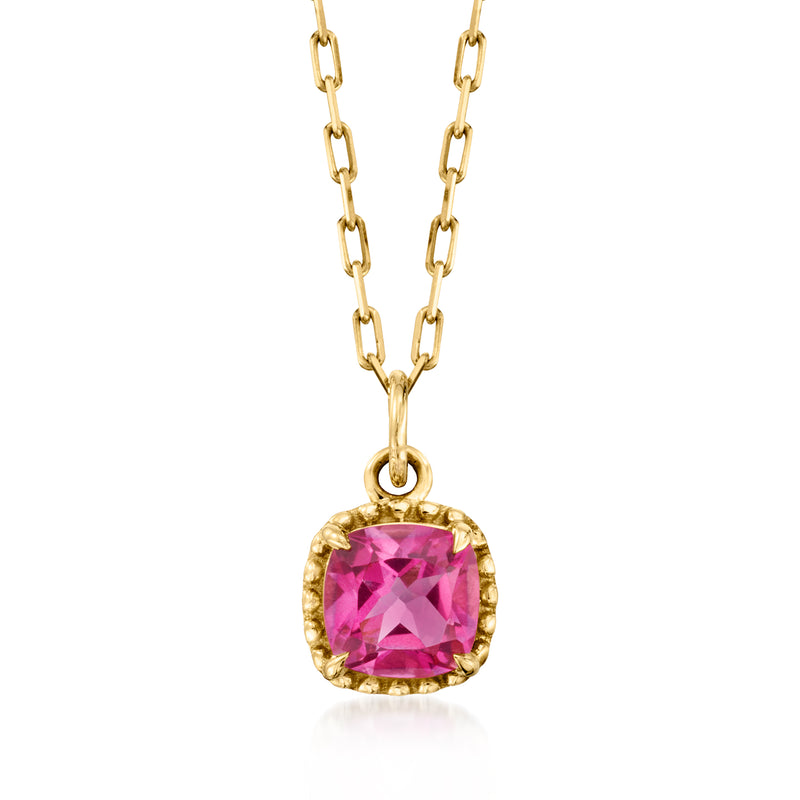 14kt yellow gold paper clip link necklace with square pink topaz halo pendant