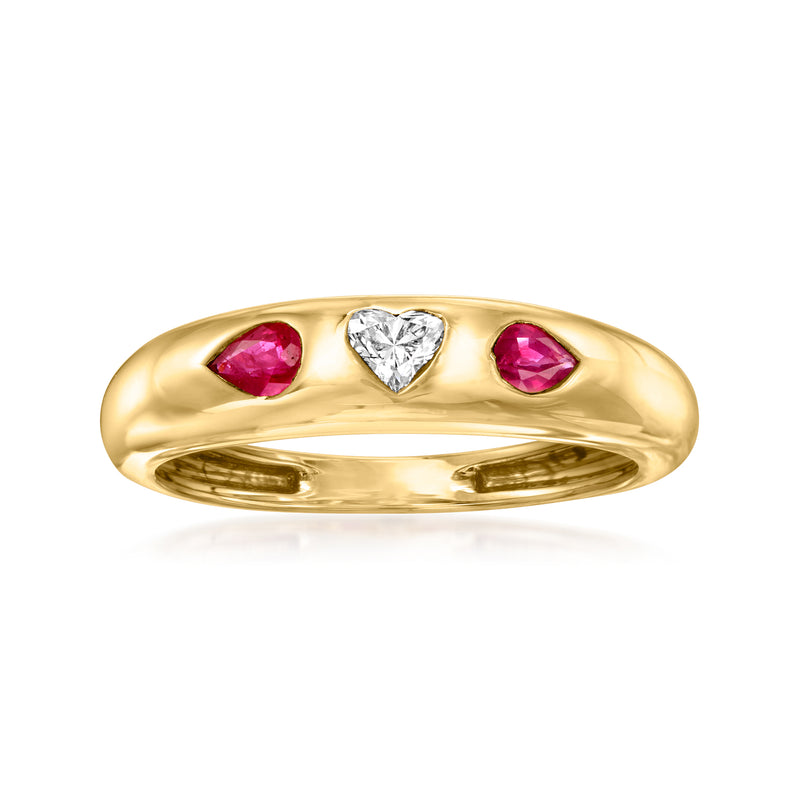 14kt yellow gold dome ring with central heart diamond and two ruby heart stones