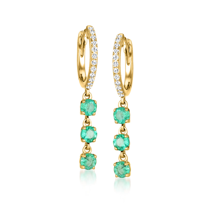 Emerald hoop drop earrings in 14kt yellow gold with diamond accents