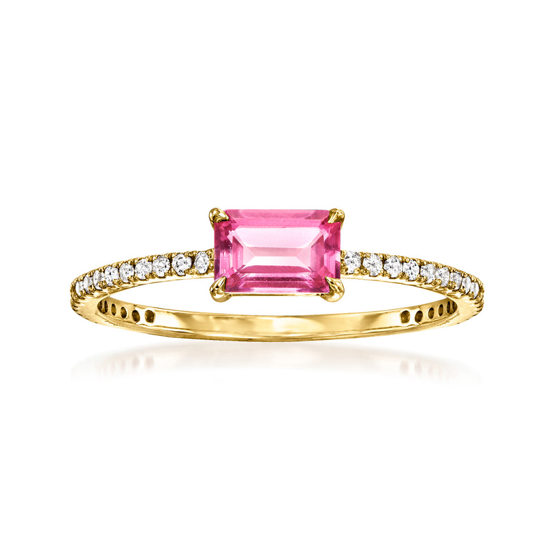 14k yellow gold ring with pink square-cut topaz center and white diamond accents