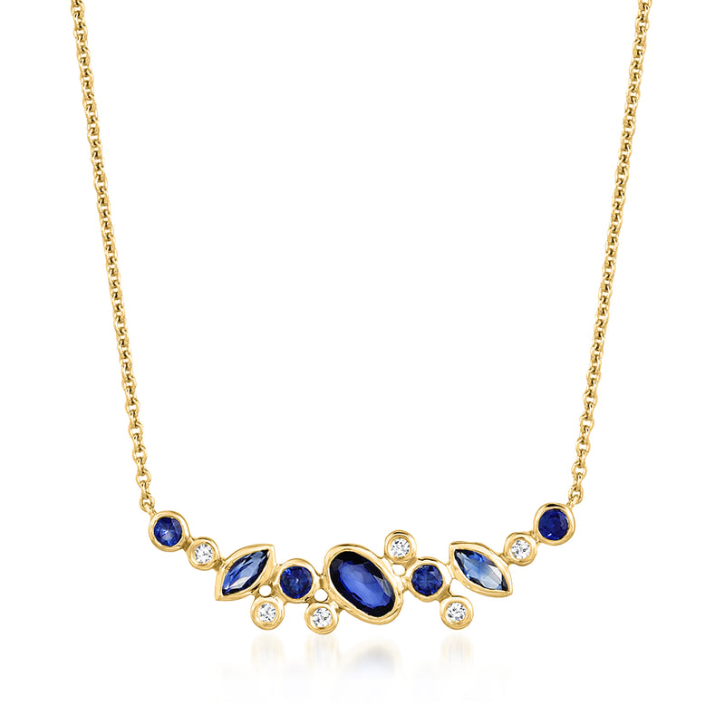 14kt yellow gold necklace with blue sapphire cluster and small diamond accents