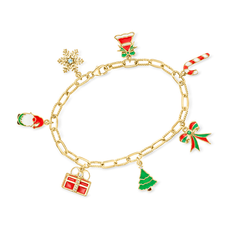 Gold-tone charm bracelet with multicolored enamel Christmas icons: snowflake, candy cane, tree, gift