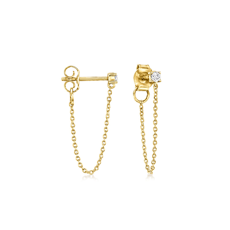 14kt yellow gold diamond chain drop earrings with small stud top and dangling links