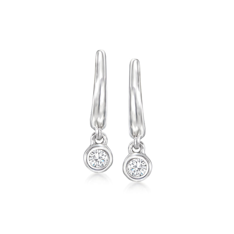 Sterling silver hoop drop earrings with round bezel-set diamond