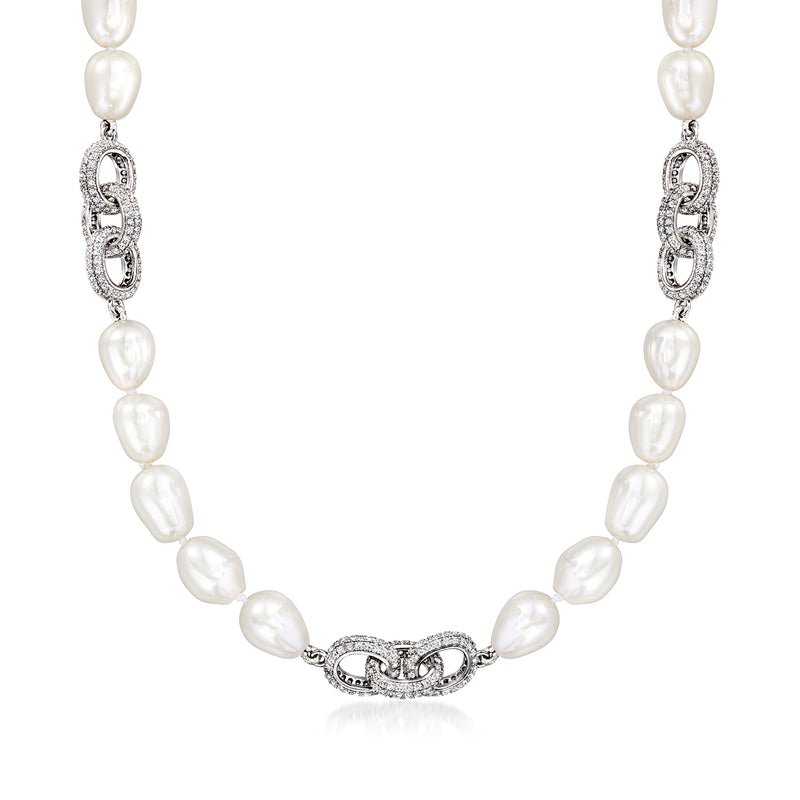 Sterling silver pearl and white topaz oval-link necklace with semi-baroque cultured pearls