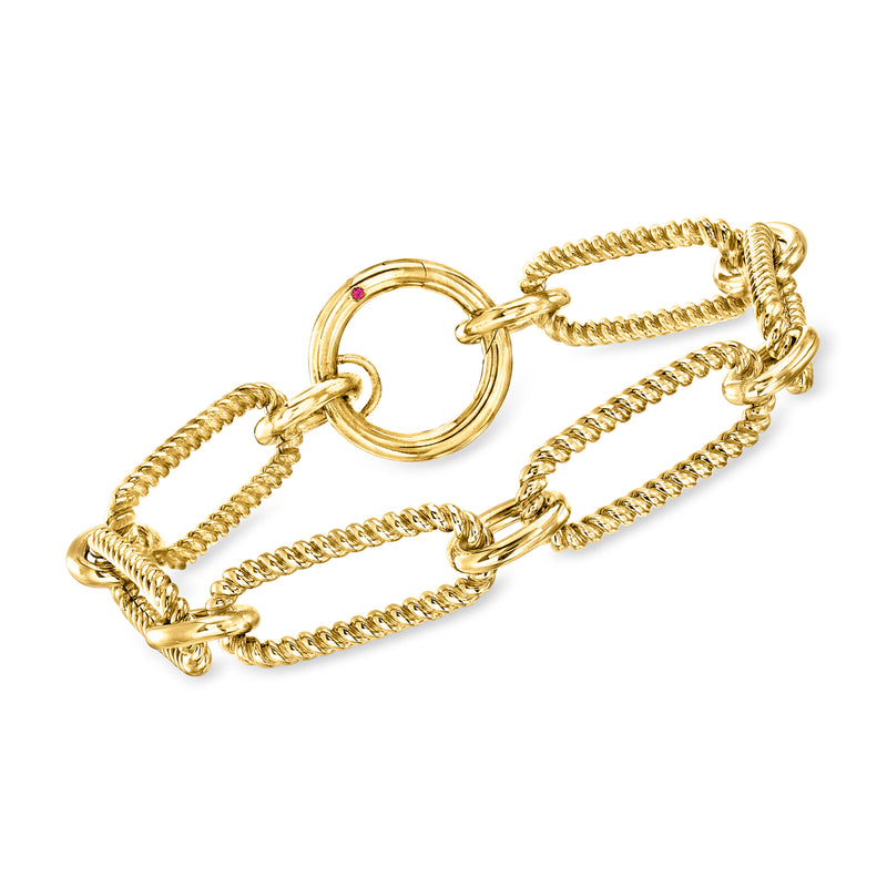 18kt yellow gold paper clip link bracelet with circular clasp and chain links