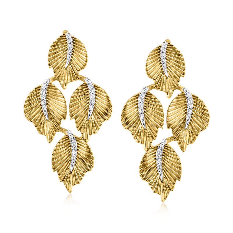 Leaf drop earrings in gold over sterling with diamond accents