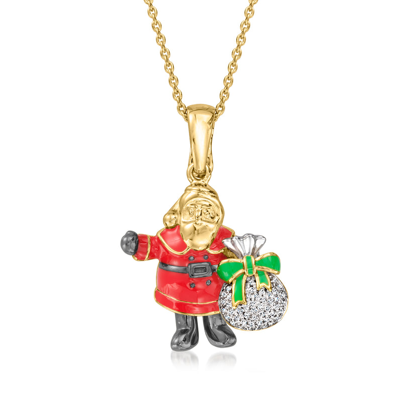 Santa pendant necklace in gold-tone with multicolor enamel, red coat and green gift bag