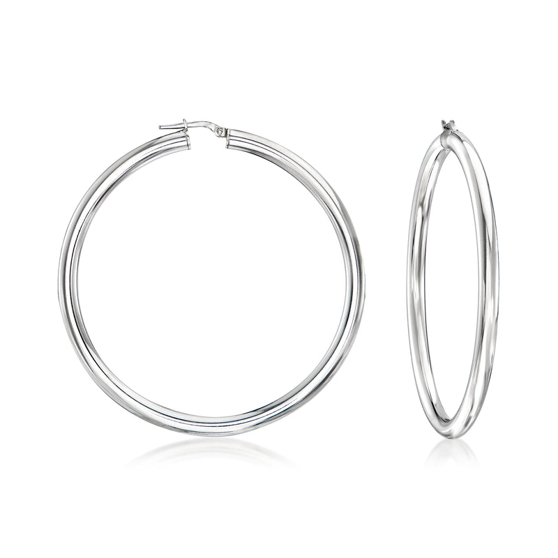 Sterling silver hoop earrings with hinged clasp, round polished hoops