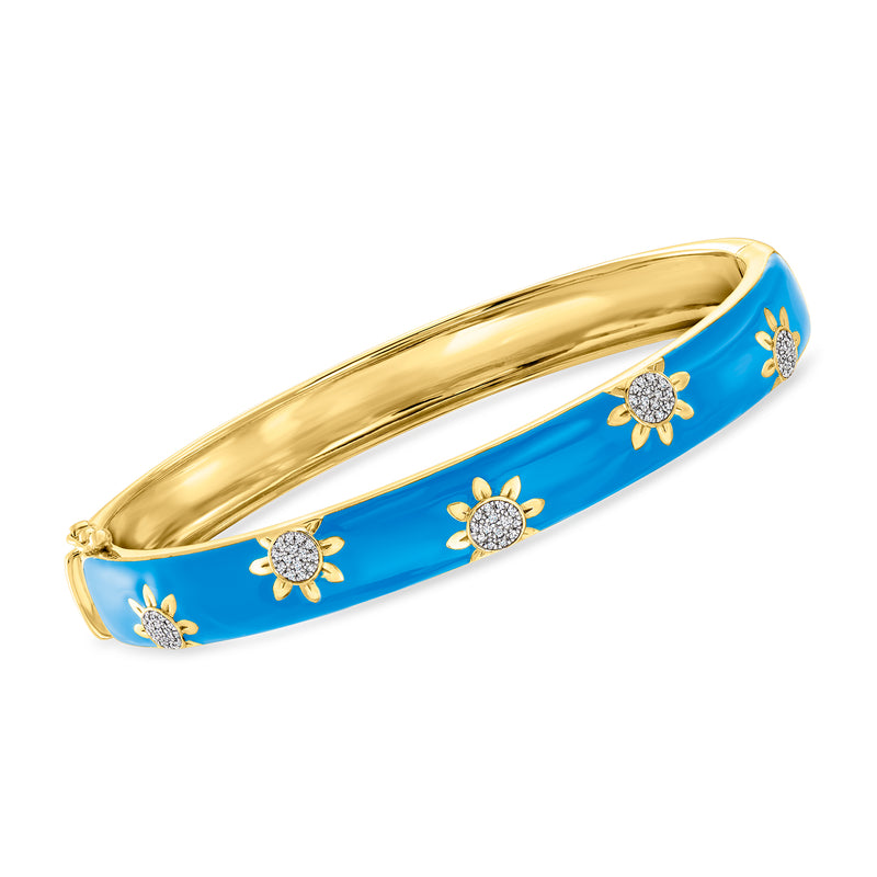 Gold over sterling bangle bracelet with blue enamel and diamond flower accents