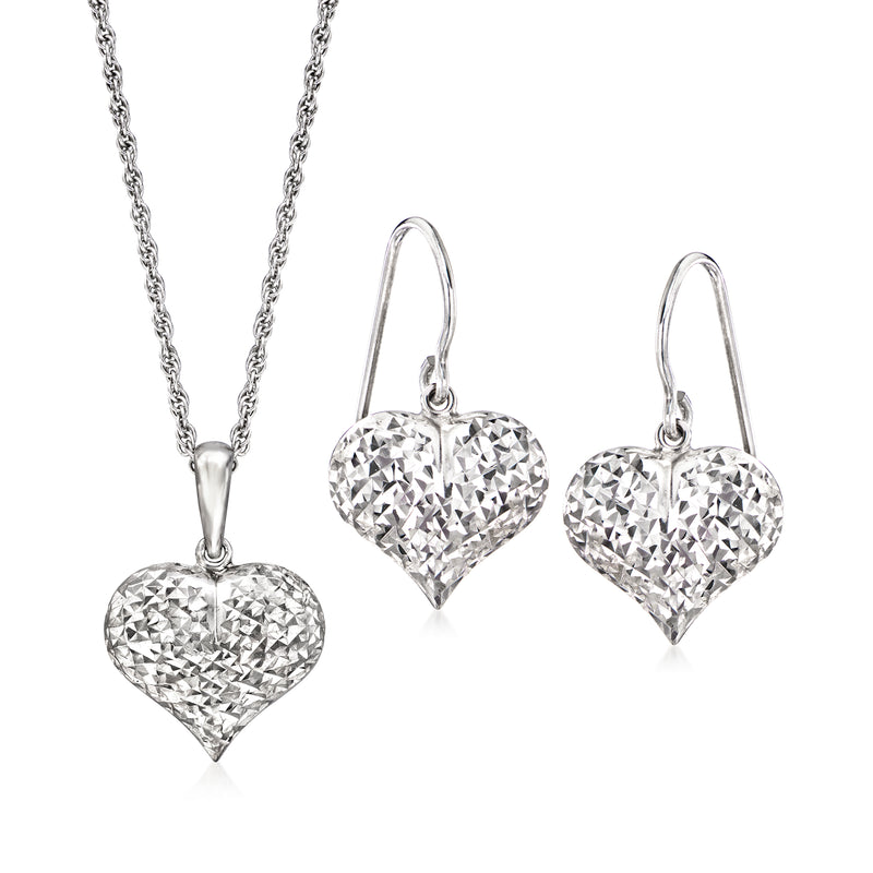Sterling silver heart pendant necklace with matching drop heart earrings, faceted sparkle