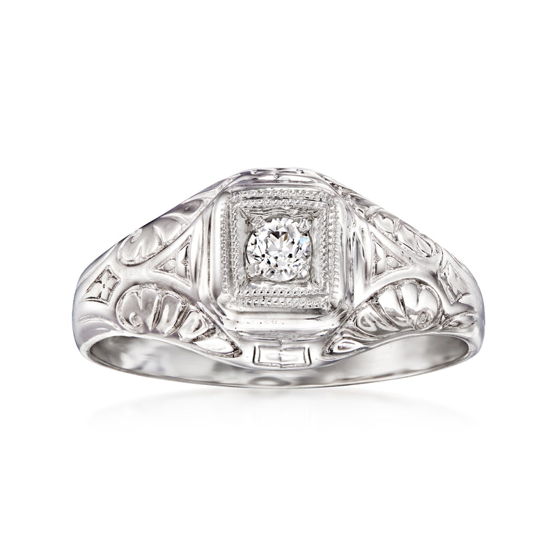 Vintage 14kt white gold diamond ring with square center stone and carved shoulders