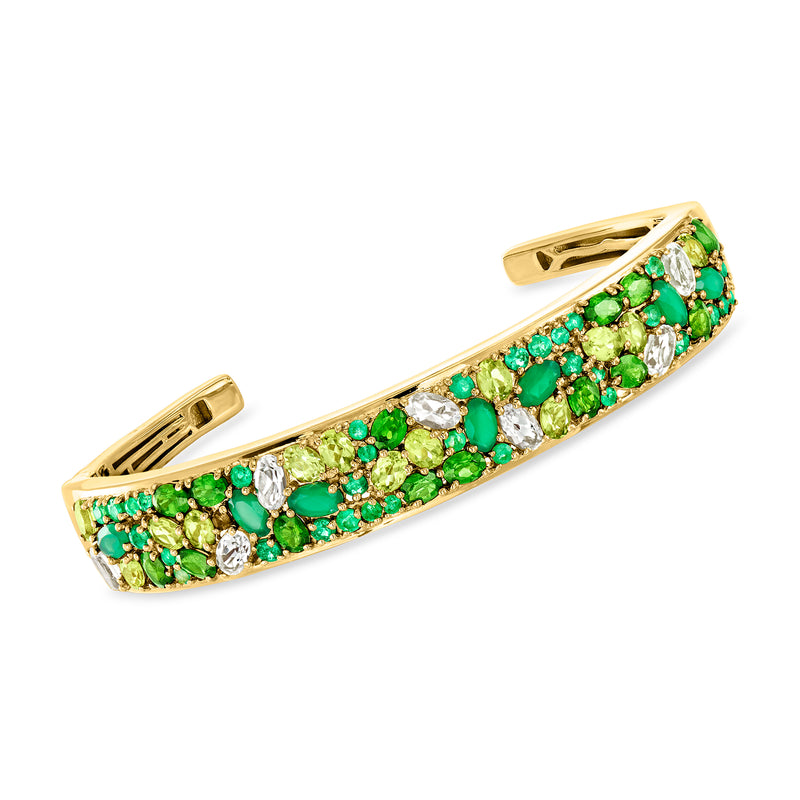 Gold over sterling multi-gemstone cuff bracelet with green and clear stones