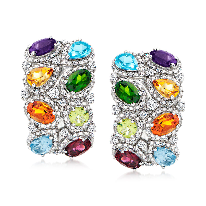 Sterling silver stud earrings with colorful oval gemstones in detailed pave settings