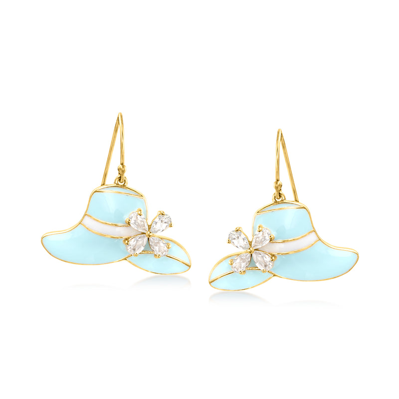 Gold-tone sun hat drop earrings with blue enamel and white gemstone accents