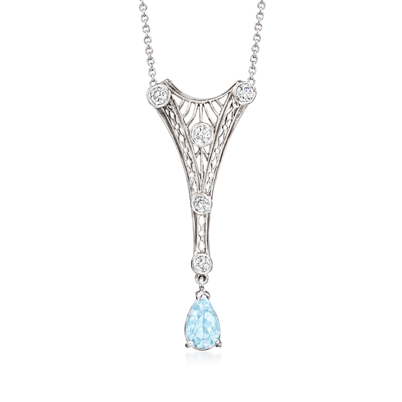 Vintage aquamarine filigree drop necklace in white gold with pear-cut blue stone