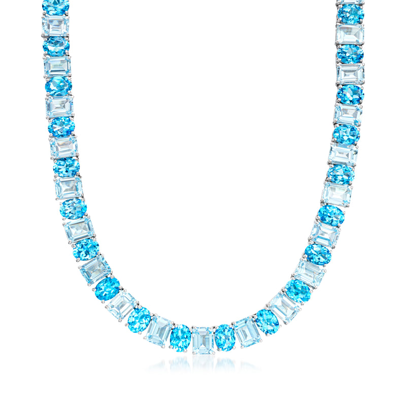 Sterling silver tennis necklace with sky-blue baguette-cut topaz stones