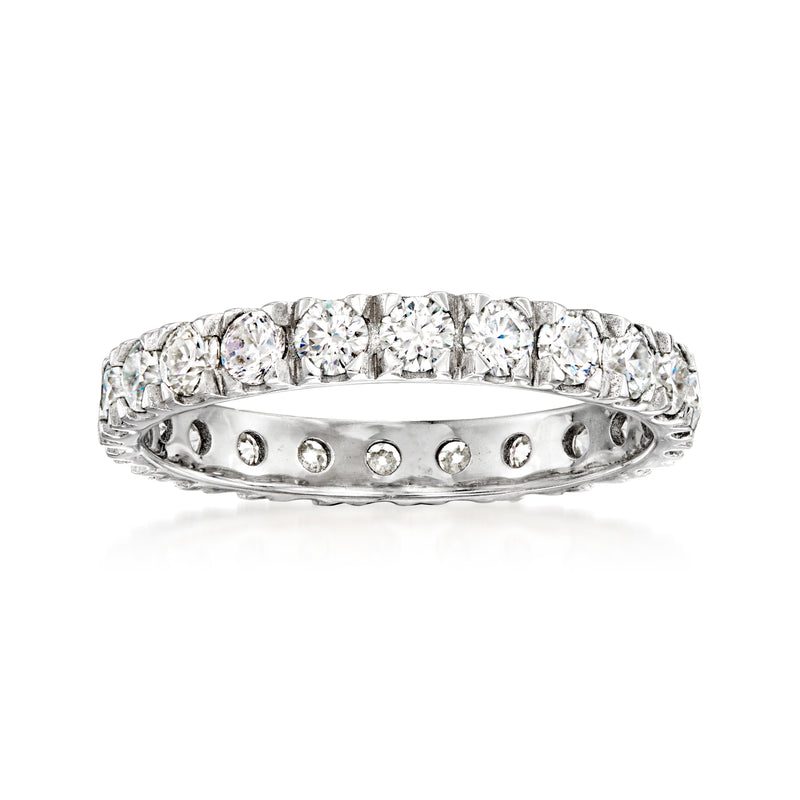 Sterling silver eternity band with round moissanite stones across the top