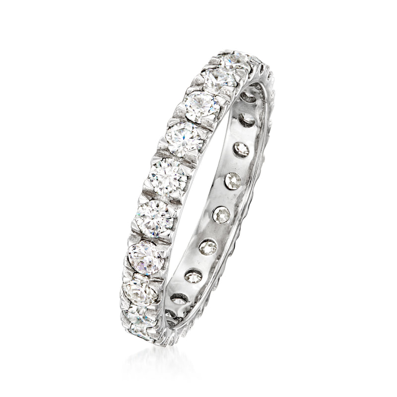 Sterling silver eternity band side view with a row of round moissanite stones
