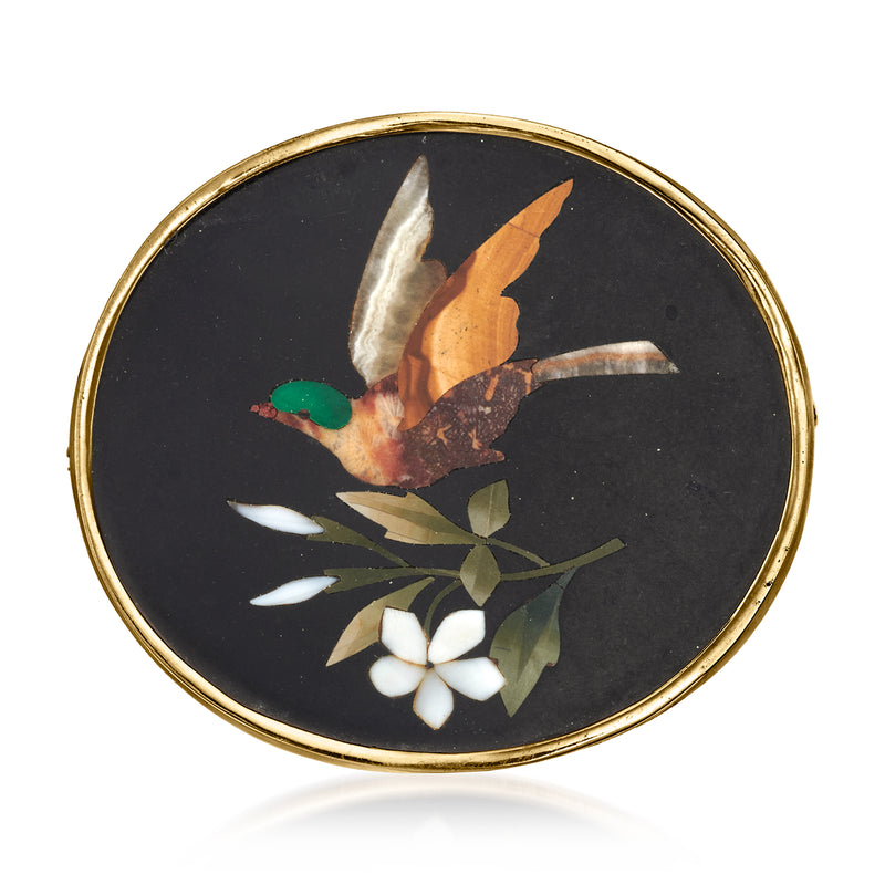 Vintage oval bird pin with multicolor pietra dura inlay, set in 9kt yellow gold