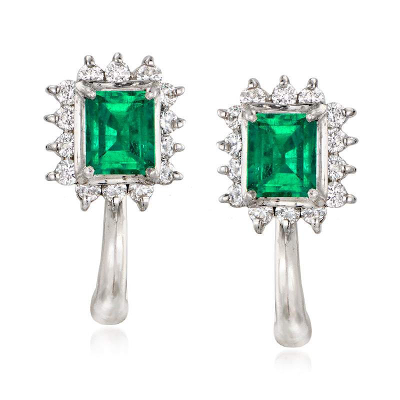 Platinum clip-on drop earrings with emerald-green square center and diamond halo.